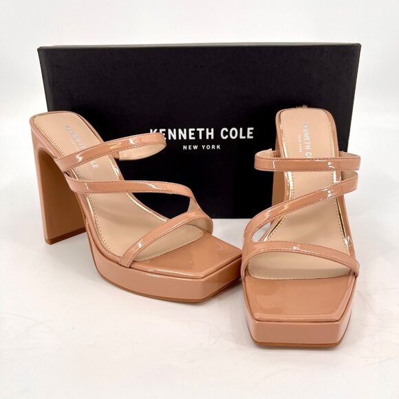 Kenneth Cole Tala Platform Heels Size 7M Buff Patent Strappy Square Toe Sandals - Picture 1 of 14